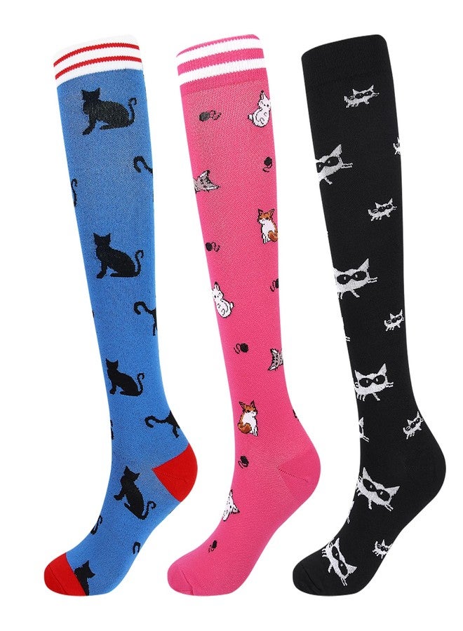 Junely Compression Socks for Women Cat Knee High Socks for Running Athletic Nurses Pregnant Women Work Support Travel Flight Sports Pink Black Blue - Image 1